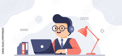 Cheerful person wearing headphones and glasses works at a laptop