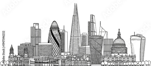 Black and white sketch of a city skyline with diverse modern and historic architecture