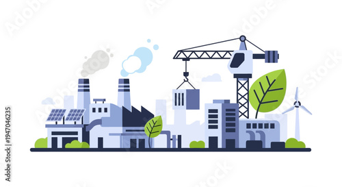 Sustainable Industry Landscape: Green Energy Factories, Solar Panels, Wind Turbine & Construction Crane Symbolizing Eco-Friendly Development