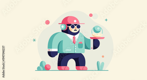 Stylish character in a suit and hat holds a serving tray with a decorative orb
