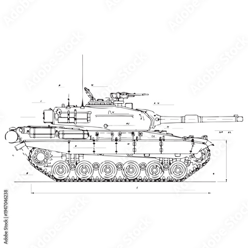 Detailed technical line drawing of a modern main battle tank showcasing a side profile view with schematic markings on a clean white background for engineering or educational use.