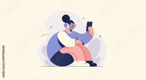 Character with headphones and phone, sitting casually against abstract shapes