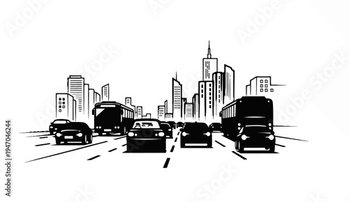 Black and white sketch of a busy city street with cars and buses