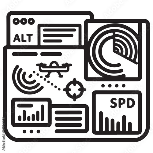 Drone flight control dashboard interface icon displaying real-time telemetry data including altitude, speed, and radar tracking for remote pilot monitoring and UAV navigation systems.