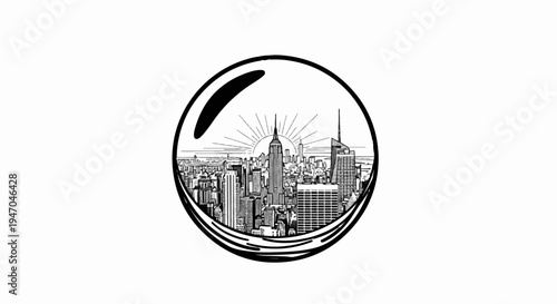Black and white skyline inside a circular border with sun rays