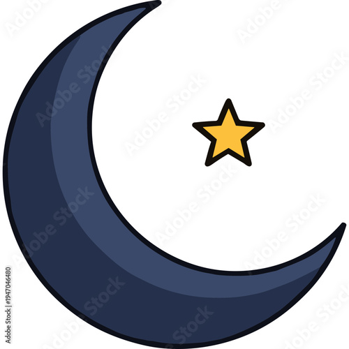 A crescent moon shines brightly with a star in the night