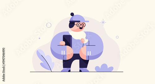 Stylized character in purple attire with glasses, scarf, and hat