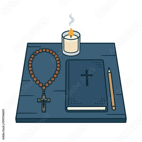 Christian rosary with cross beside notebook pencil and lit candle symbolizing prayer and reflection