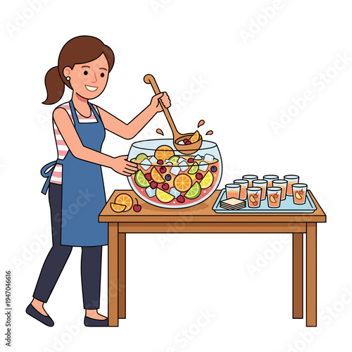 Woman mixing fruit punch in large bowl with citrus slices and berries for party drinks