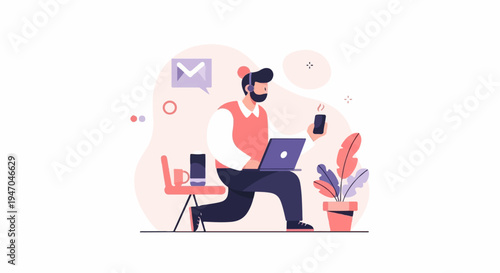 Bearded man with headphones working on laptop, holding phone, near chair, plant