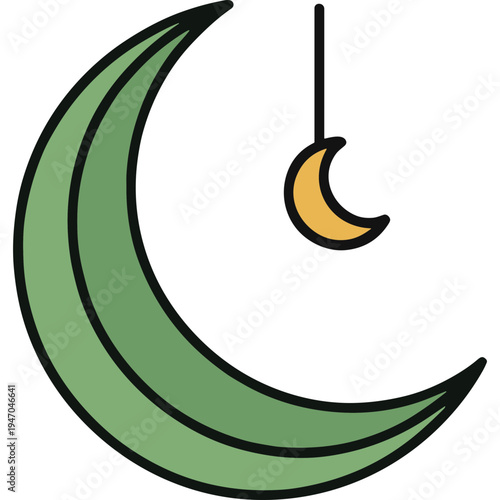A green crescent moon hangs next to a small yellow crescent moon.