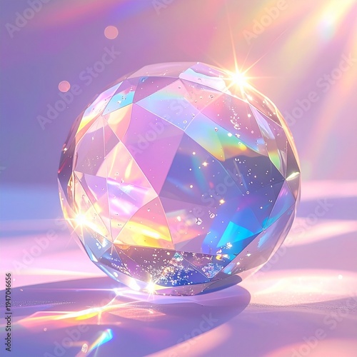 A shimmering faceted crystal ball or diamond sphere glowing with soft pastel light. Iridescent colors and rainbow reflections on a dreamy purple and pink background. Magical, fantasy, and luxury.