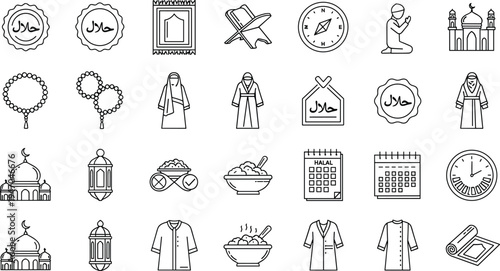 Halal Lifestyle and Islamic Culture Line Icon Set Featuring Mosque, Prayer, Quran, Halal Food Certification, Muslim Clothing and Religious Symbols