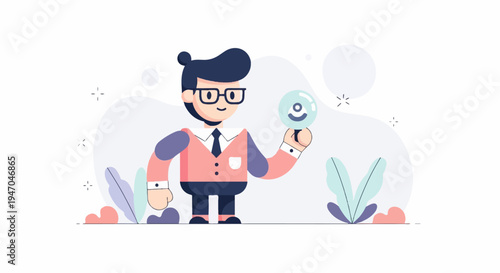 Cartoon man in glasses and suit examines something in a magnifying glass