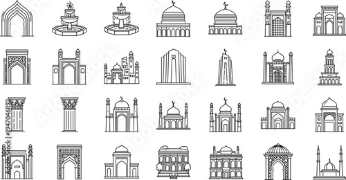 Islamic Architecture and Mosque Landmark Line Icon Set Featuring Minarets, Domes, Arches, Taj Mahal Style Buildings and Traditional Muslim Architectural Symbols