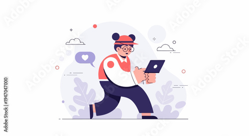 Animated figure with rounded ears hat & glasses, holding a tablet, walking with a heart icon speech bubble