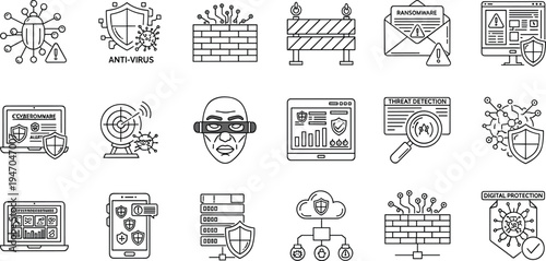 Cybersecurity and Data Protection Line Icon Set Featuring Antivirus Shield, Firewall, Ransomware Alert, Threat Detection, Digital Security, Network Protection and Privacy Monitoring Symbols