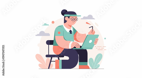 Person in cap and glasses uses laptop, drinks beverage, with plants