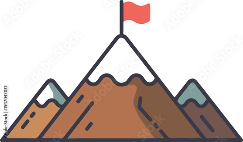 Mountain with flag flat color vector illustration. peak with red flag. success and achievement concept