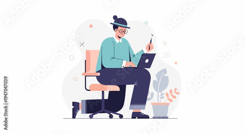 Person in hat and glasses works on laptop in a chair