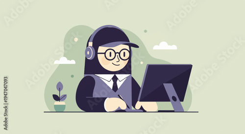Person in headphones with glasses and cap works on computer