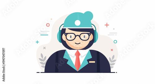 Animated person in suit wearing headphones and glasses, friendly expression