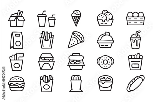 Street food and takeaway line icons, burger fries soda milkshake taco hotdog donut and coffee outline symbols for restaurant menus food delivery apps and cafe branding