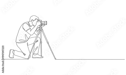 Single continuous line drawing professional photographer man kneeling for taking pictures with digital camera and tripod. Vector illustration simple design