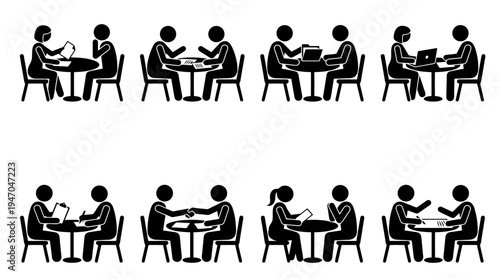 Illustrations de personnes en bâtons discutant, travaillant et interagissant à table, représentant des réunions et des entretiens.