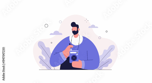 A man with a beard holds a retro camera and wears headphones around his neck