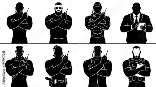 Sammlung von acht verschiedenen männlichen Sicherheitskräften und Bodyguards in schwarzen Silhouetten mit Funkgeräten.