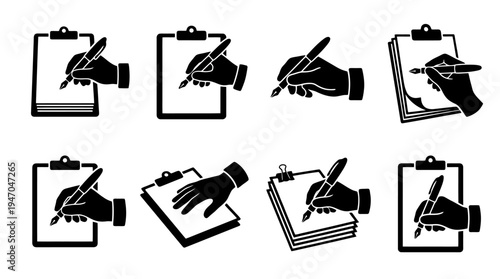 Verschiedene Symbole von Händen, die mit Stiften auf Klemmbrettern oder Papier schreiben, in Schwarz-Weiß-Darstellung.