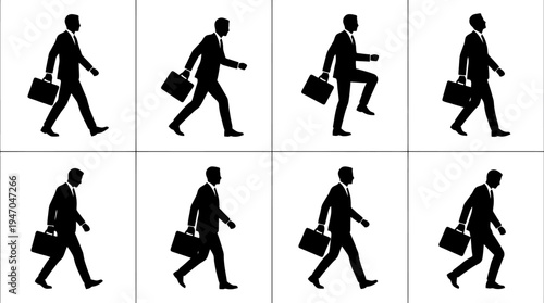 Acht schwarze Silhouetten eines Geschäftsmannes mit Aktentasche, der in verschiedenen Phasen des Gehens dargestellt ist.