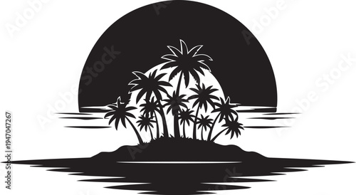 Black silhouette tropical island with palm trees vector