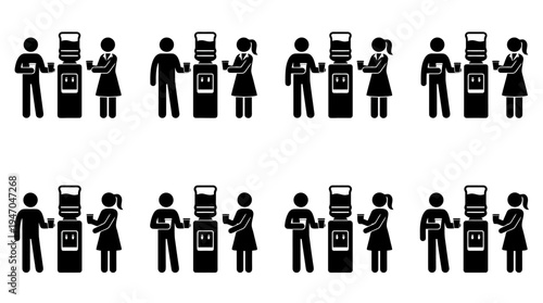 Huit illustrations de personnes, hommes et femmes, interagissant autour d'une fontaine à eau dans un bureau, symbolisant les pauses café et les discussions informelles.