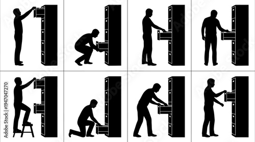 Silhouetten von Personen, die modulare Geräte in einem Rack installieren und warten, mit verschiedenen Körperhaltungen und Werkzeugen.