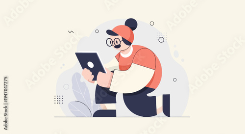 A person with glasses and a hat kneels and uses a tablet