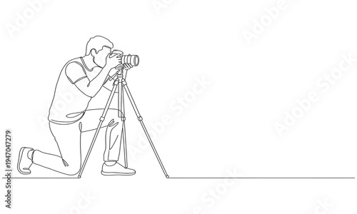 Single continuous line drawing professional photographer man kneeling for taking pictures with digital camera and tripod. Vector illustration simple design