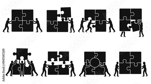 Menschen bauen Puzzleteile zusammen, um ein Ganzes zu bilden, symbolisiert Teamarbeit und Problemlösung.
