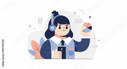 A person with headphones and a pie chart, holding a phone, with abstract shapes and leaves
