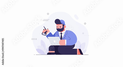 A man wearing a cap, glasses, and suit works on a laptop