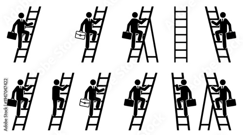 Geschäftsleute klettern auf Leitern, symbolisieren Karriereaufstieg und berufliche Herausforderungen.