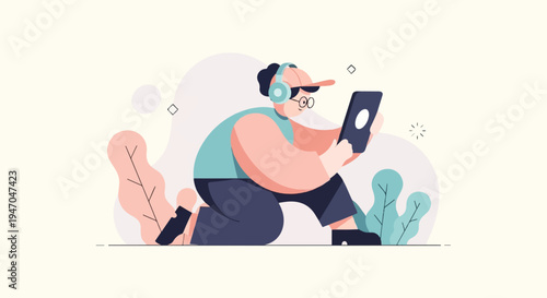 Person wearing headphones, glasses, and hat gazes at tablet screen