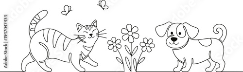 Black and white cartoon line drawing of cat, dog, flowers, and butterflies in cheerful nature scene for children’s coloring books, educational materials, and decorative projects