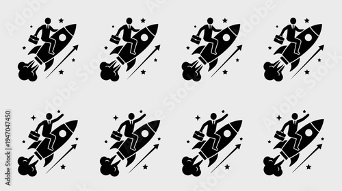 Geschäftsmann auf Rakete fliegt nach oben, Symbol für Erfolg und schnelles Wachstum im Unternehmen.