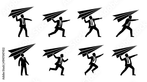 Eine Reihe von acht schwarzen Silhouetten eines Geschäftsmannes, der einen großen Papierflieger in verschiedenen Wurfphasen hält und wirft, symbolisiert Start und Fortschritt.