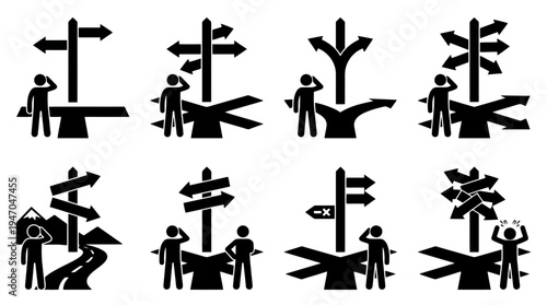 Männchen vor Wegweisern mit vielen Richtungen, die Entscheidungsfindung und Verwirrung darstellen.