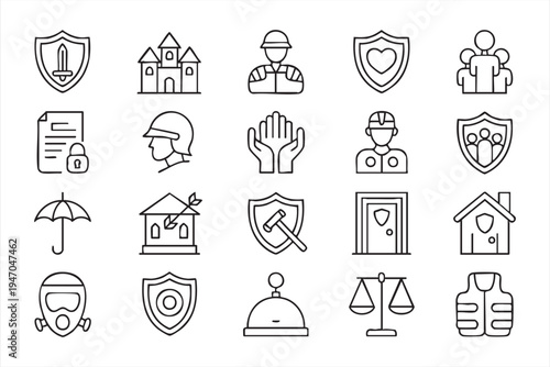 Protection and safety outline icon pack, shield guard lock document umbrella balance law home security symbols for insurance companies cybersecurity tools and safety awareness graphics