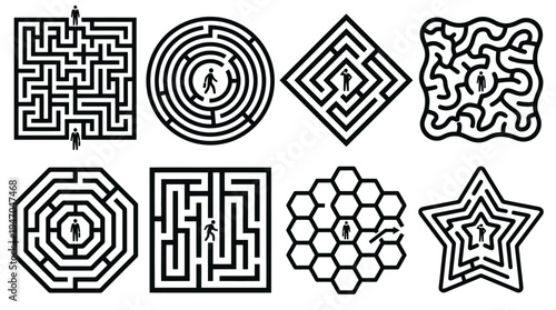 Acht verschiedene Labyrinthe und Irrgärten in Schwarz-Weiß-Linienkunst mit kleinen menschlichen Figuren, die den Weg suchen.