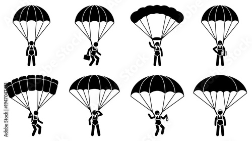 Acht Piktogramme von Fallschirmspringern, die verschiedene Aktionen und Posen beim Fallschirmspringen darstellen.